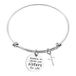 Silver Tone Bangle Bracelet Cross & “Sisters in Christ” Engraved Charm Christian